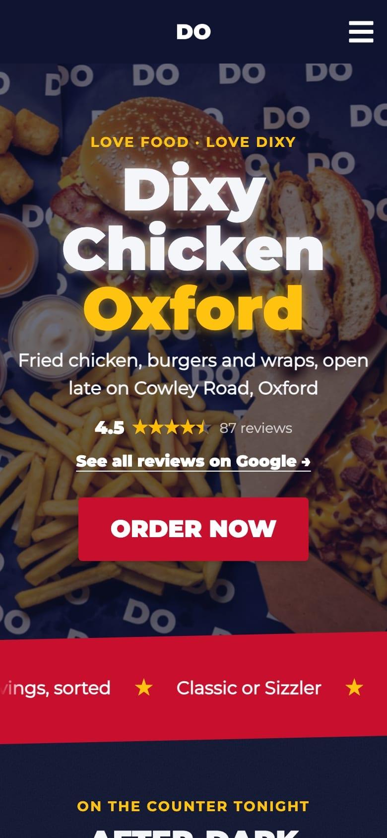 The Dixy Chicken Oxford website on a phone