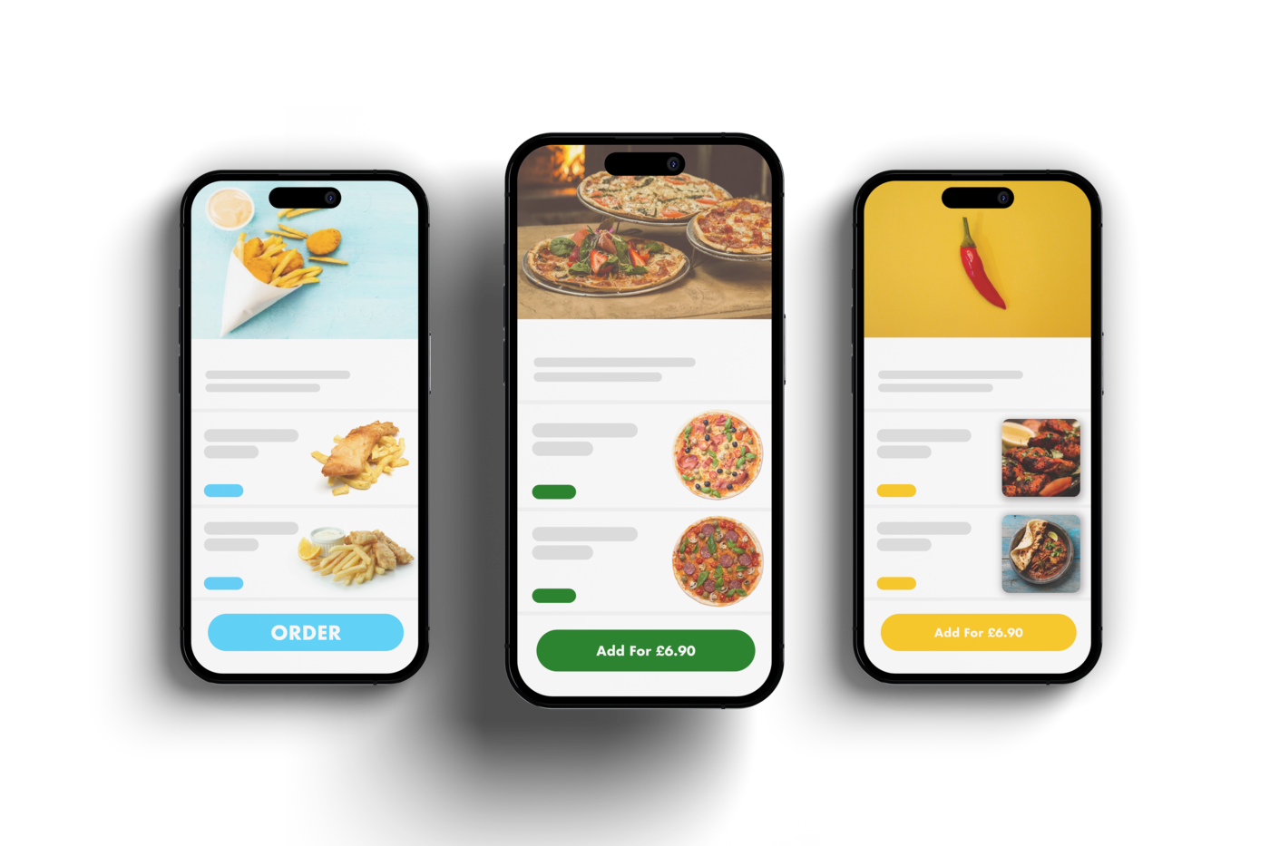 Your branded ordering app across fish & chips, pizza and curry menus